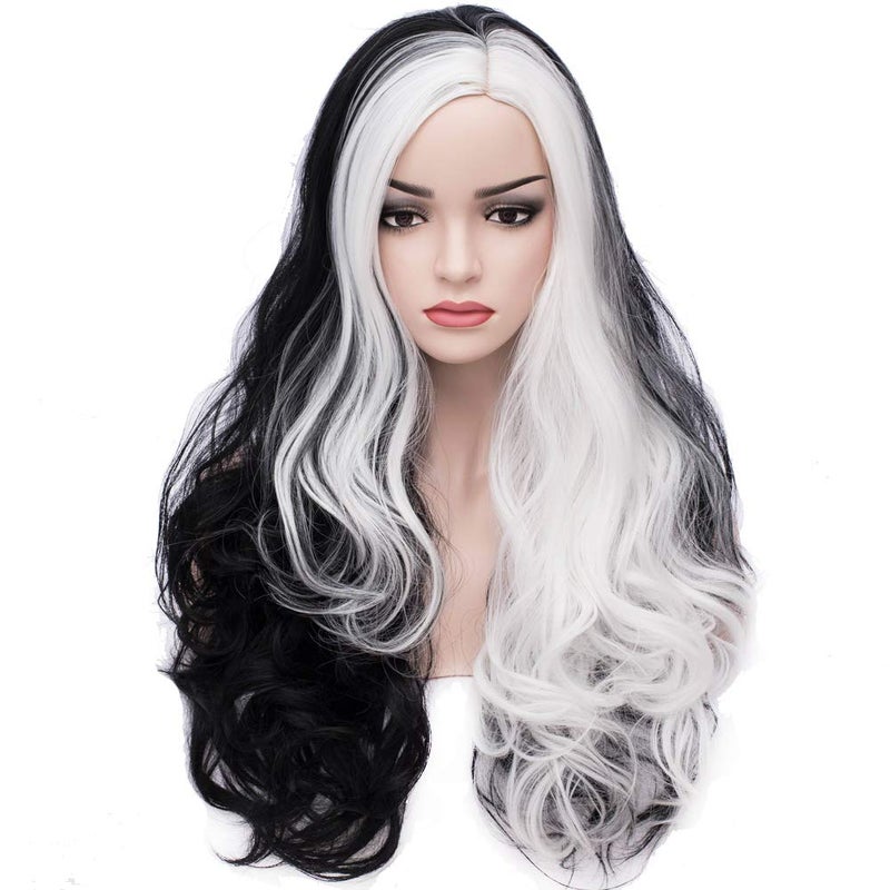 BERON Black White Wig Long Wavy Black White Split Wigs for Women Girls Cosplay Party Hairnet Include - Image 1